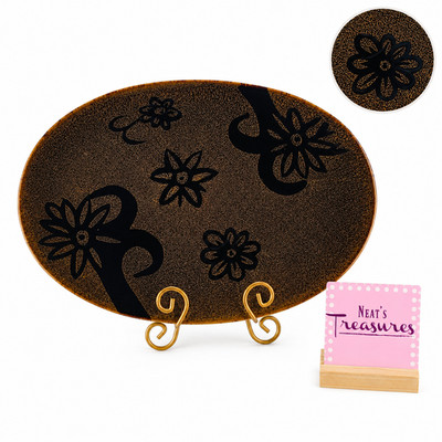 Foreside ECO GARDEN Stoneware Large Oval Floral Brown Speckled Serving Platter