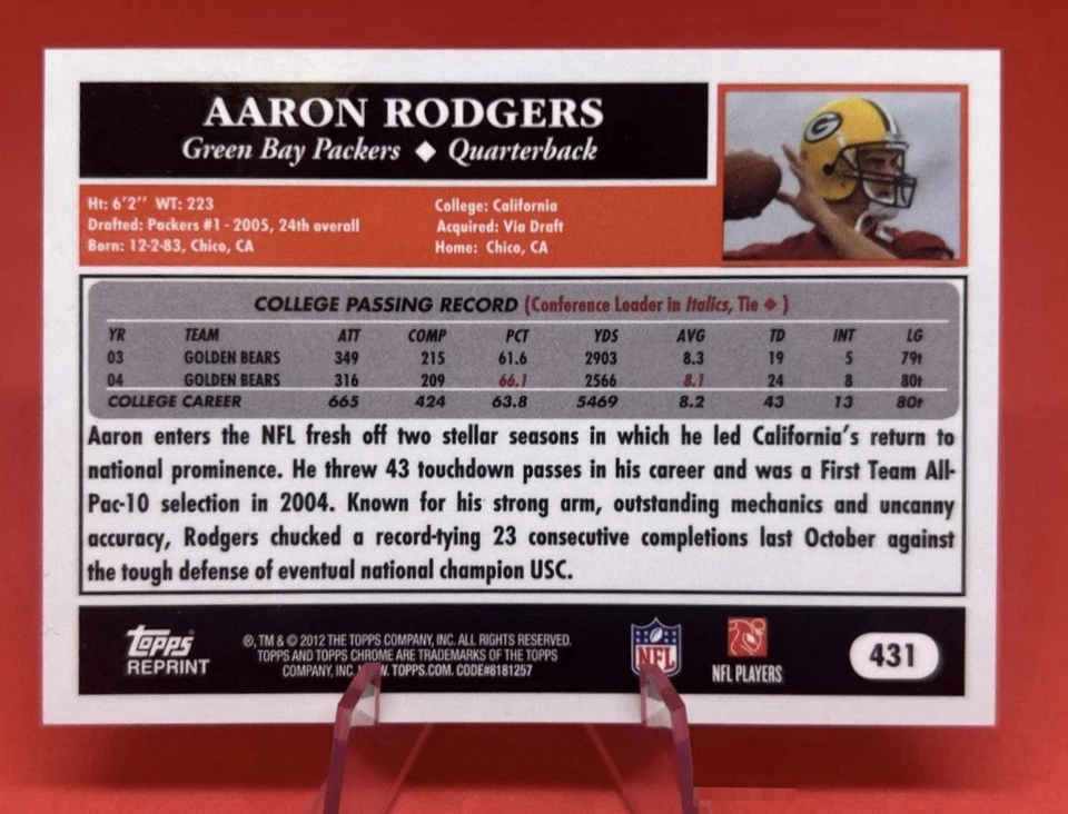 Aaron Rodgers 2005 Topps Chrome RC #431 Pittsburgh Steelers '12 RP Rookie Card - Image 2 of 2