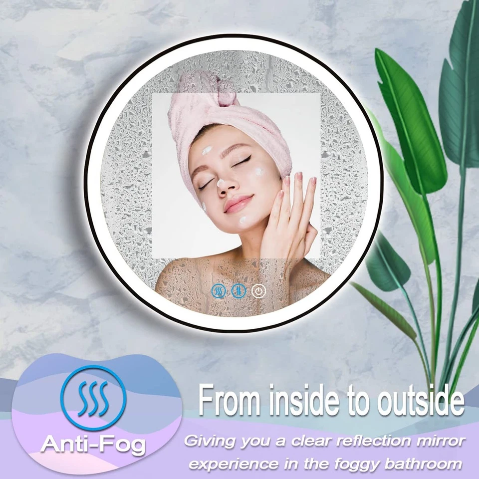 Espejo de baño LED redondo con marco negro con luces para pared de baño luz negra... Foto 3 de 4