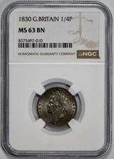 1830 Great Britain 1/4P Farthing NGC MS 63 BN