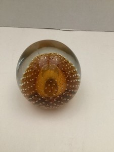 Vtg MCM Paperweight Hand Blown Bullicante Amber Controlled Bubble Art Glass