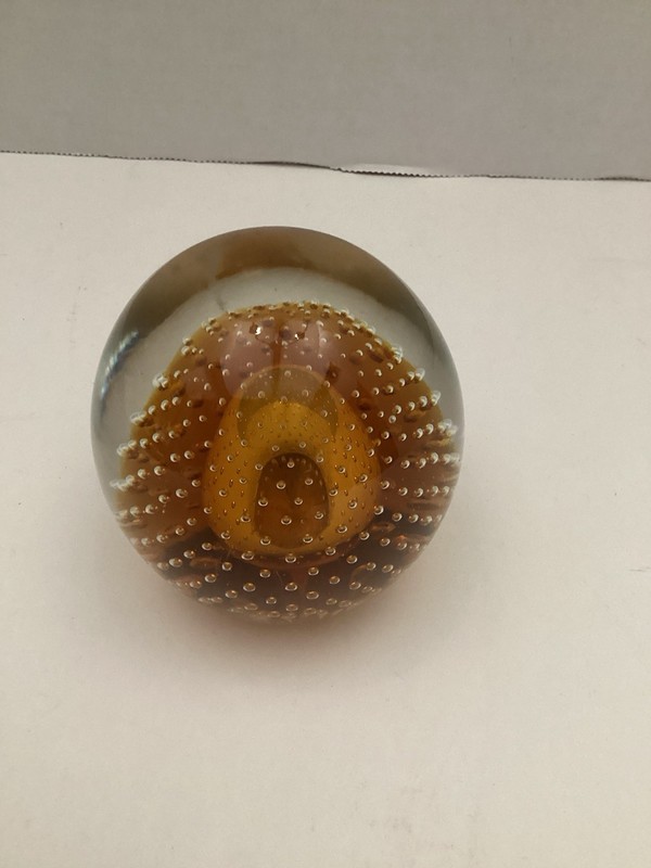 Vtg MCM Paperweight Hand Blown Bullicante Amber Controlled Bubble Art Glass