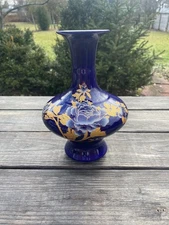 Chinese Deep Blue Jingdezhen Ceramic Vase with Gold and Blue Floral Decorations