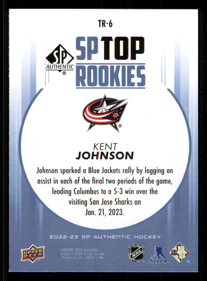 2022-23 SP Authentic Top Rookies Blue #TR6 Kent Johnson - Image 2 of 2