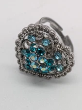 Blue Rhinestone Heart Shaped Adjustable Cocktail Ring