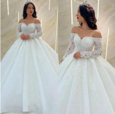 Ball Gown Wedding Dresses Off Shoulder Long Sleeves Beading Lace Wedding Dress
