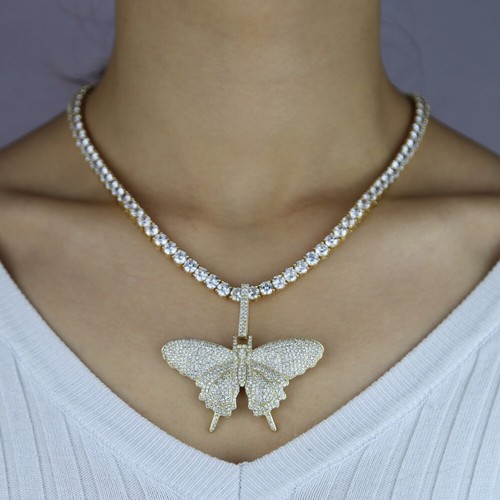 5AAA+ CZ Hip Hop Ice Out Butterfly Bling Pendant Necklace 14k Real Gold Plated - Picture 6 of 16