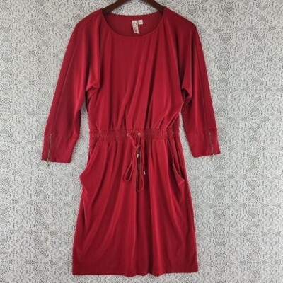 Emma & Michele Long Sleeve red Elastic Waist Shift Knee Dress S