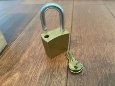 Vintage NOS Corbin USA made, #76 Gold finish Padlock w 2 Keys, Keyed Alike