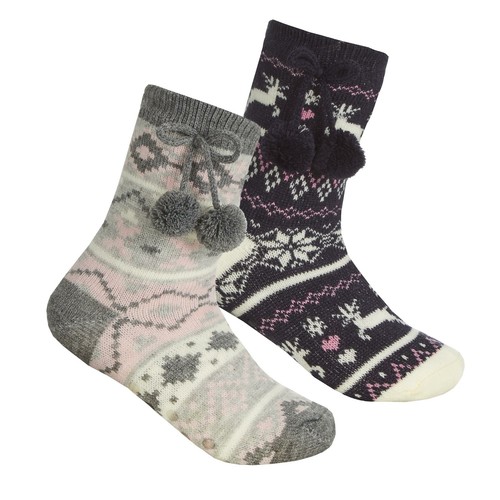 Girls 2 Pairs of Fairisle Slipper Socks With Full Soft Sherpa Fleece Lining - Picture 1 of 2