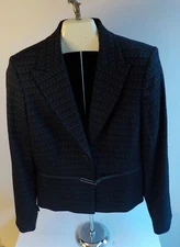 RINA ROSSI 2 PC Skirt Suit Black on Black Print-Faux Belt-Peak Lapel-SZ 8 USA 