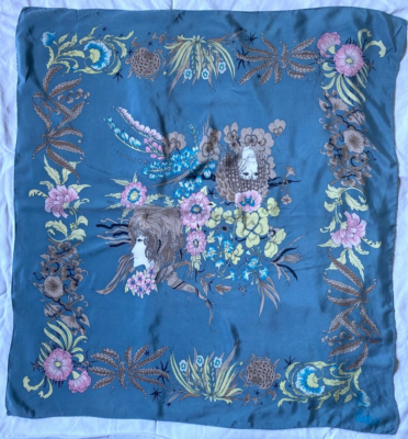 Foulard En Soie Vintage 90x90 Cm - Motifs Bleu Et Jaune Or, Occasion En Très Bon état