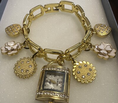 Strada Hearts Flowers Charms Goldtone Painted Watch Bracelet
