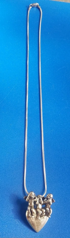 Vintage Sterling Silver KABANA 3 Angels Cherubs Pendant 21" Necklace No evils.  - Image 2 of 4