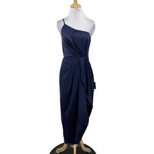 Lulus Dress Womens S Small Navy Satin One Strap Asymmetrical Pleat Lined Midi