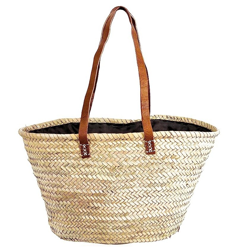 Cesta bolso bandolero de playa, capazo de palma con asas de piel bolsa de fibras