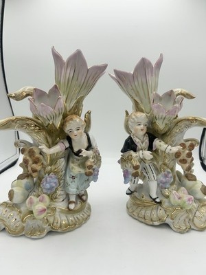 2 Pc Lenwile Ardalt Colonial French Boy & Girl Fruit Flower Double Vase Figurine