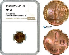 AL537, Romania, Peoples Republic, 1 Leu 1949, Bucharest Mint, NGC MS64
