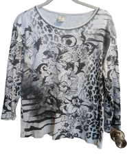 Jess and Jane Top Womens Sz L Animal Floral All Over Print Rhinestones Office