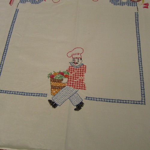 VTG Tablecloth 1950-1960’s Cotton Embroidery Chef 48 x 34 - Picture 2 of 3