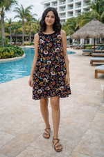 J Jill Brown Floral Dress Medium Sleeveless Dress Pockets Modest Boho Beachy