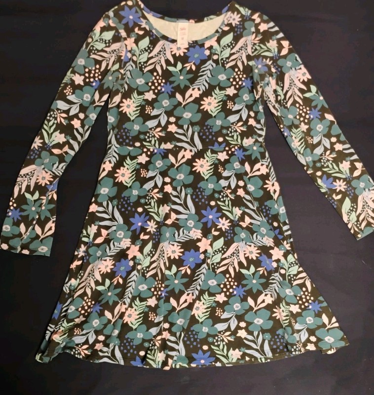 JUSTICE Size 12 Dress Black Pink Blue Floral Long Sleeve 