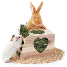 Wooden Rabbit Hay Feeder, Large Hanging Rack Food Dispenser Bunny Accessory