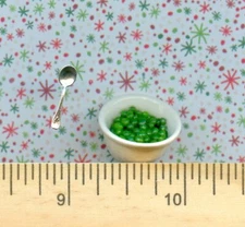 Dollhouse Miniature Glass Bowl of Peas and a Serving Spoon
