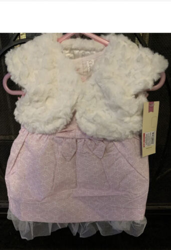 Cherokee poplin dress with bow with fur vest  6/9 mo - Picture 1 of 6