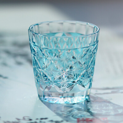 Sky Blue Edo Kiriko Small Colored Shot Glass For Sake Cup Hand Cut Stars 35ml