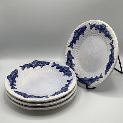 Salmon Embossed Blue Stoneware Dinner Plates •Lot Of
