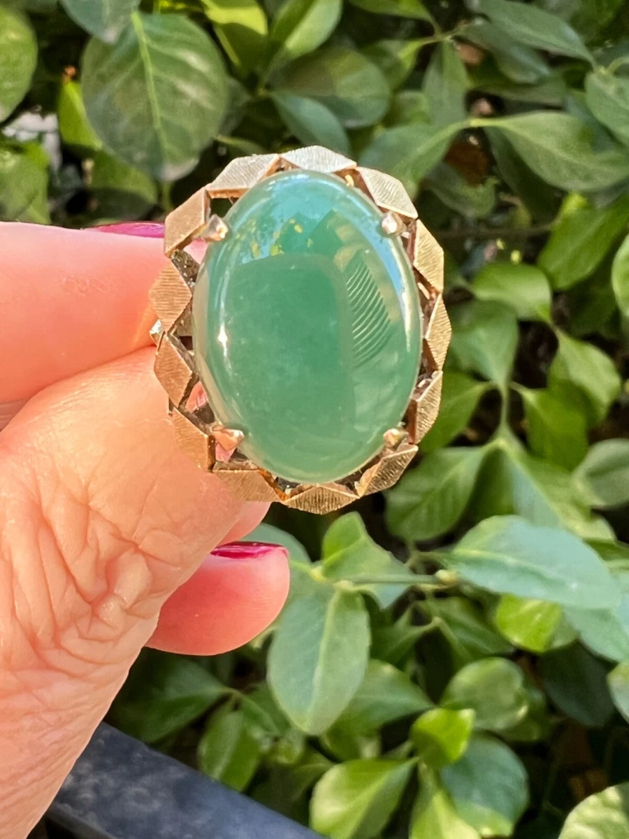 VINTAGE 10K YELLOW GOLD OVAL GREEN ONYX AGATE RING FOREIGN