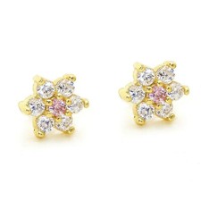 Yellow Gold Plated Silver Simulated Diamond Flower Children Screwback Earrings