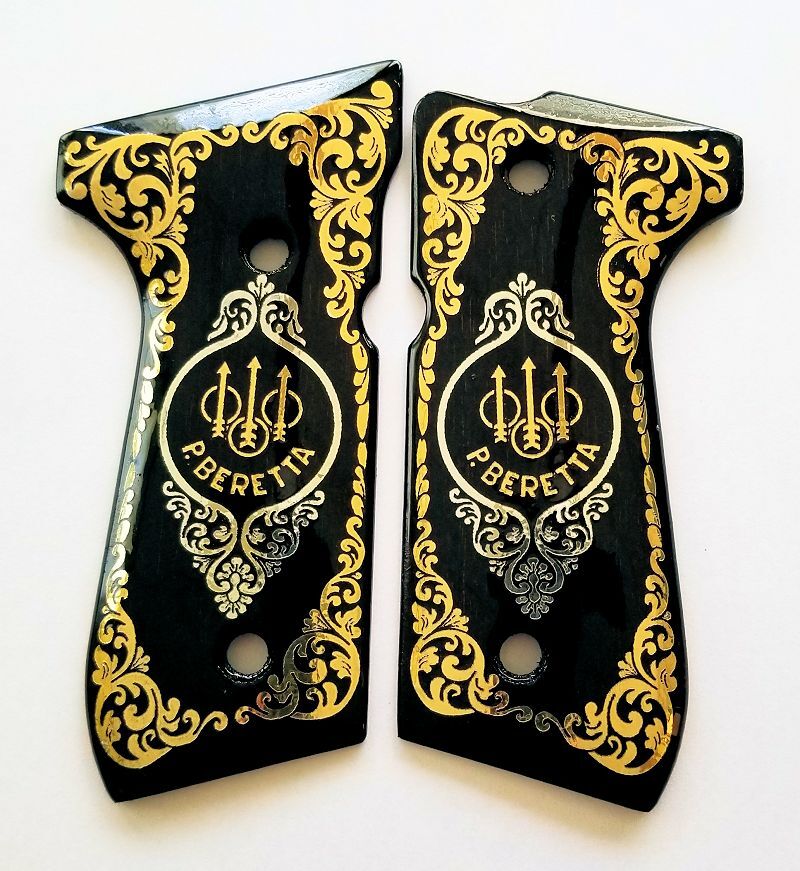 Beretta 92 92FS 96 custom engraved wood grips gold silver Trident