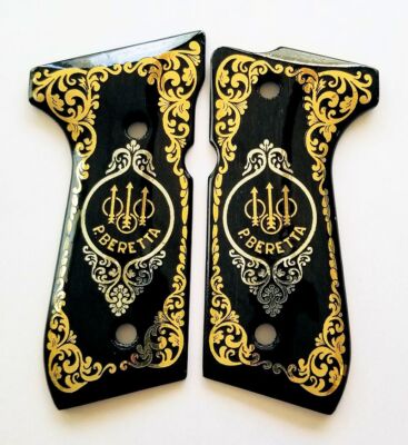 Beretta 92 92FS 96 custom engraved wood grips gold silver Trident Scroll Black