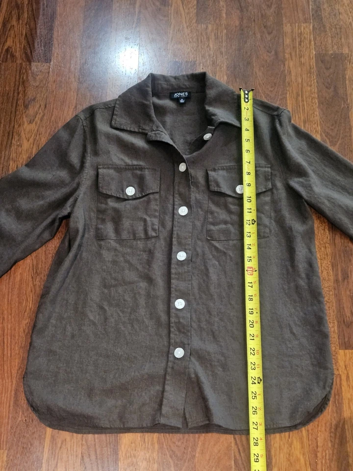 Camisa Jones de lino para mujer talla pequeña excelente estado marrón oliva oscuro Foto 3 de 4
