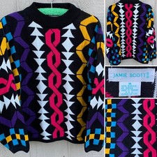 vintage multi-color colorful geometric sweater 1980s 80s Jamie Scott size M