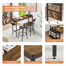 2024 3pcs Bar Table Set Counter Height Pub Table Stools Soft Seat Storage Rack