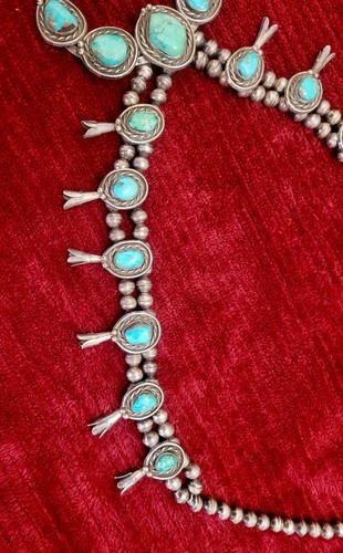 Large (27") Old Pawn Squash Blossom Necklace Natural Turquoise and Silver - Picture 3 of 6