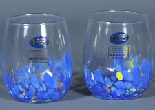 2 MURANO WHITE CRYSTAL DARK BLUE CONFETTI Stemless Red Wine Glasses 12oz. Italy