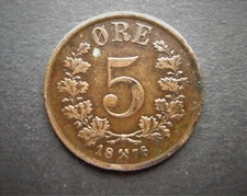 NORWAY BRONZE 5 ORE 1876  / SNIFF'S  ANCIENT COINS T-4