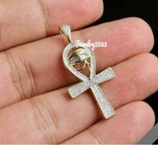 Women's Natural Mined Real Diamonds Cross Ankh Charm Pendant 925  Silver