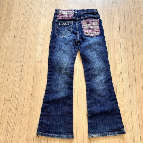 Rocawear Girls Jeans Sz 8 Bell Bottom Plaid Patches Embroidered Stitched Pocket - Picture 3 of 7