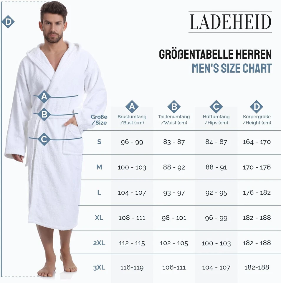 Ladeheid Herren Frottee Bademantel Morgenmantel Sauna 100% Baumwolle Kapuze - Bild 2 von 2