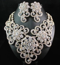 QUEEN AUSTRIAN RHINESTONE CRYSTAL BIB NECKLACE EARRINGS SET BRIDAL N1426-GOLD