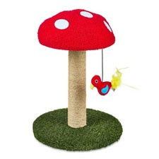 Deluxe Jute Mushroom Cat Scratching Post with Dangling Bird Toy, Multicolor