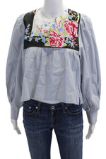 Upcycled By Reissued Womens Long Sleeve Striped Floral Shirt Blue Multi Size S/M