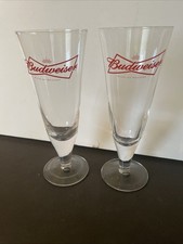 Vintage Budweiser White Bowtie Pilsner Beer Glasses  8.5" Fluted Footed Set Of 2