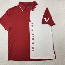 True Religion Polo Shirt Mens Medium Red Color Block TR Casual 100 Cotton
