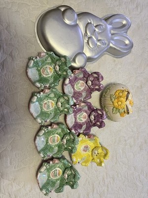 Easter Glassware, Egg And Aluminum Bunny Rabbit Shaped Cake Pan